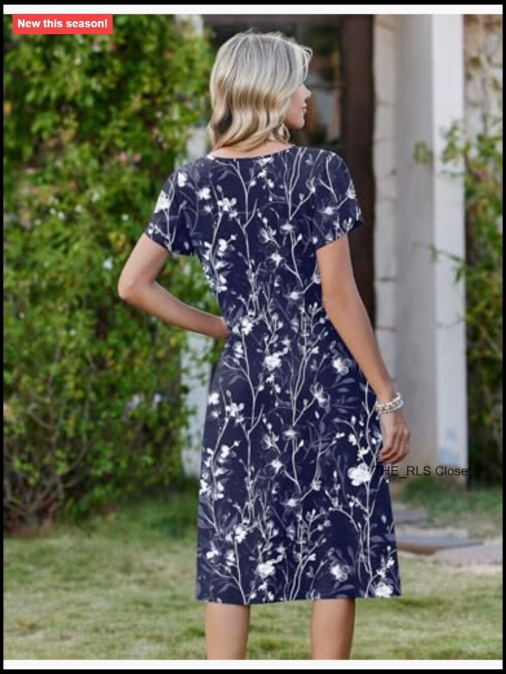 Pleated Midi A-Line Dress with Pockets, Short Sleeve, Casual Summer - Picture 6 of 7